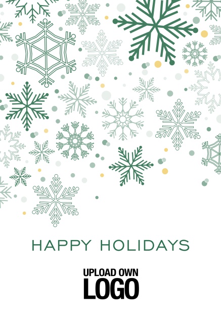 Online Corporate Christmas card in various colors, with snow flakes, text and logo option. Green.
