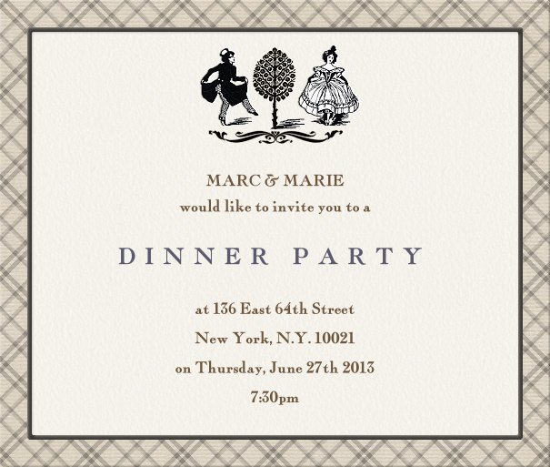 Tan Dinner Invitation With burberry design border and dancing partners.