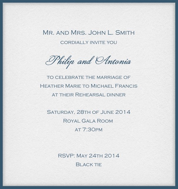 Customize this classic online invitation card with fine frame and optional personal addressing of your recipients. Blue.