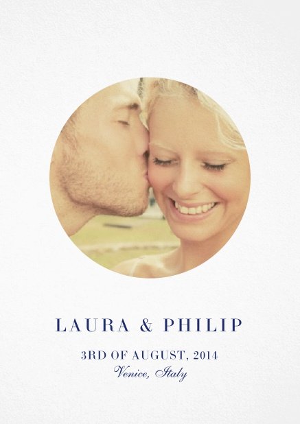 Wedding invitation card with oval photo box and text on the front page of a four paged design. Navy.
