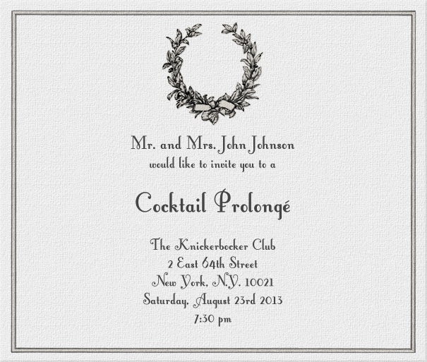 Square white classic party invitation card online with wreath and Grey border.