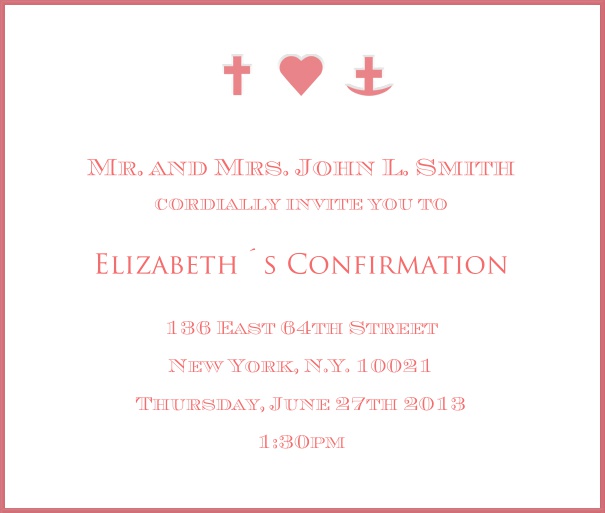 Klassische Einladungskarte für Taufen und Konfirmationen mit roten Symbolen und rotem Rand.