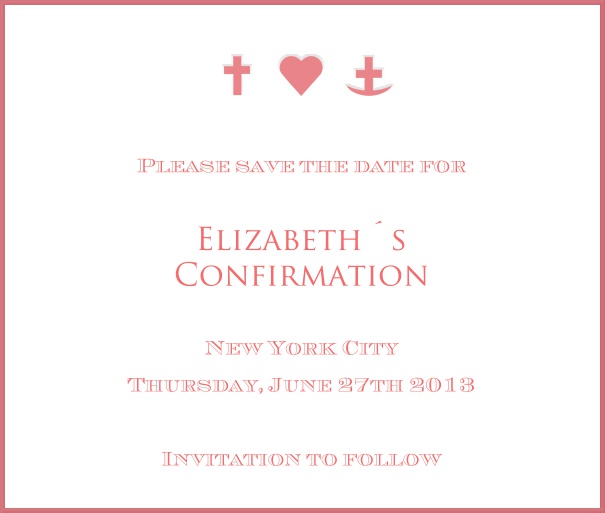 White Christening and Confirmation Save the Date template with red border and symbols.