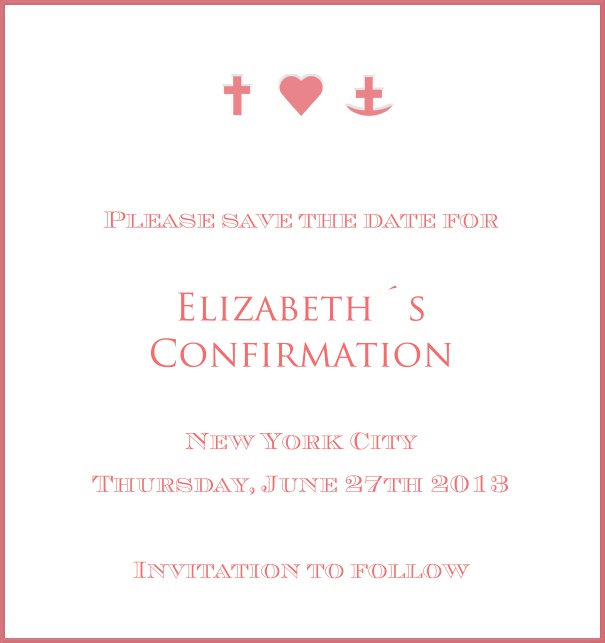 High format White Christening and Confirmation Save the Date template with red border and symbols.