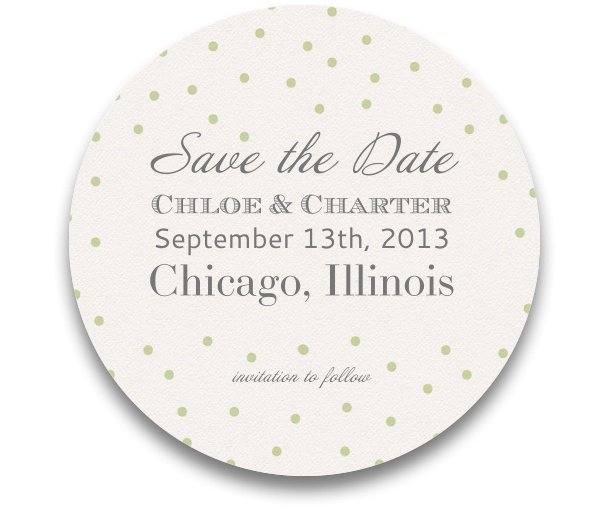 Save the Date Card for parties and with round design and yellow-green dots.