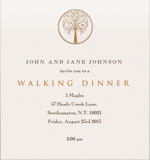 Online Einladungskarte für Hochzeiten oder für andere Feierlichkeiten mit Baum oben zentriert.