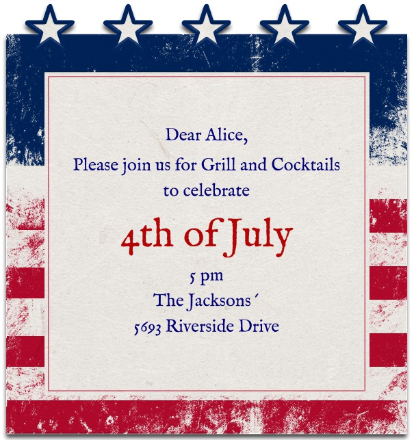 Fourth of July Invitation Card with Stars on top and American Flag Background.