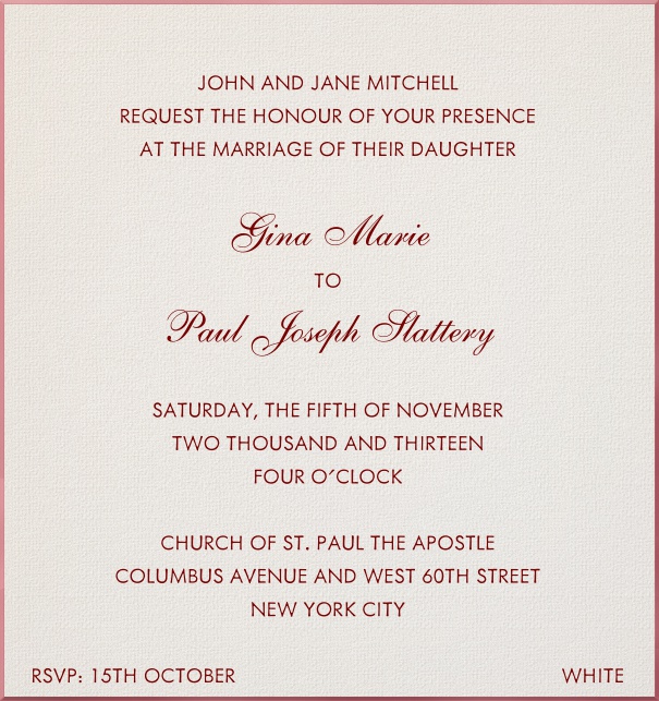 Paper color, classic Wedding Invitation Template with red border and red text.