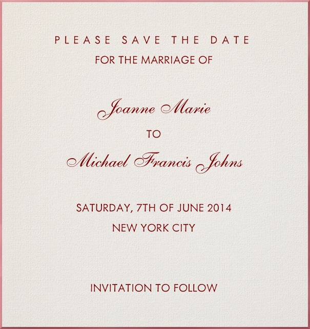 High Format paper color Classic Wedding Save the Date Card Template with Red Border and red text.