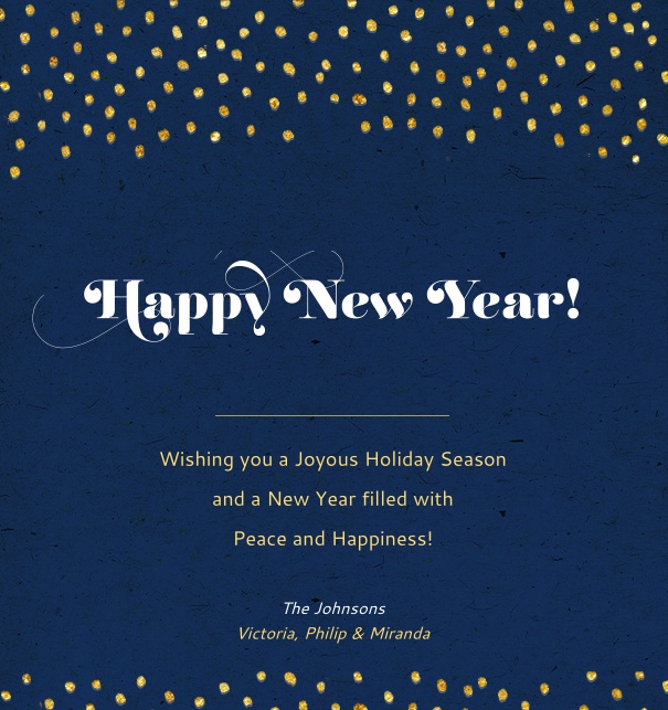 Online Card for celebrations with golden dots, dark blue background and customizable text.