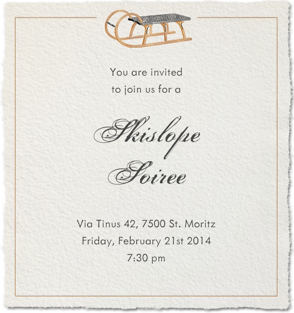 Online Winter Invitation in Beige with Sled, gold border, and paper theme, and sport