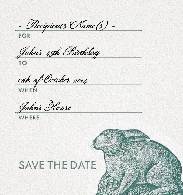 Formal Addressing Save the Date Card online with Rabbit motif and customizable form text.