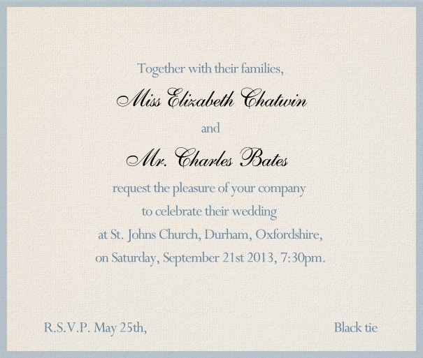 Online klassische Hochzeitseinladungskarte mit blauem Rahmen.