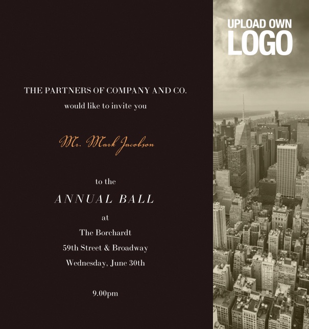 Professional Invitation for firm anniversary, with logo, annual ball and black text.