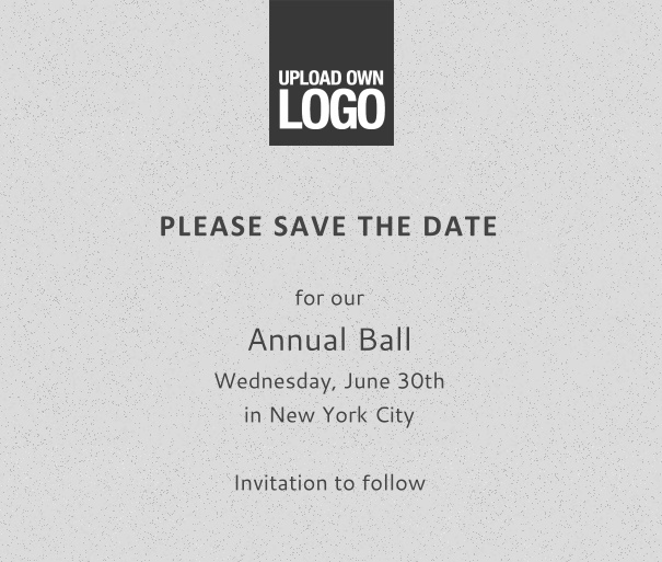 squared grey online Save the Date template for corporate events and annual ball with black text and space to upload own logo on top left and event details box.