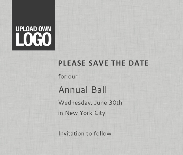 Squared online Save the Date template for corporate events and annual ball with grey background, space to upload own logo on top left and event details box.