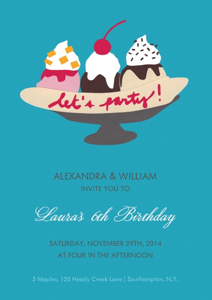 Birthday Party Invitation Card with ice cream sundae and the fix text "Let´s party!".