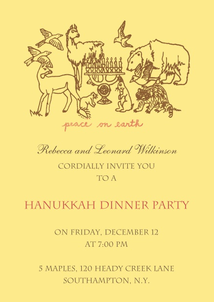 Einladungskarte zu Hanukkah mit verschiedenen Tieren.