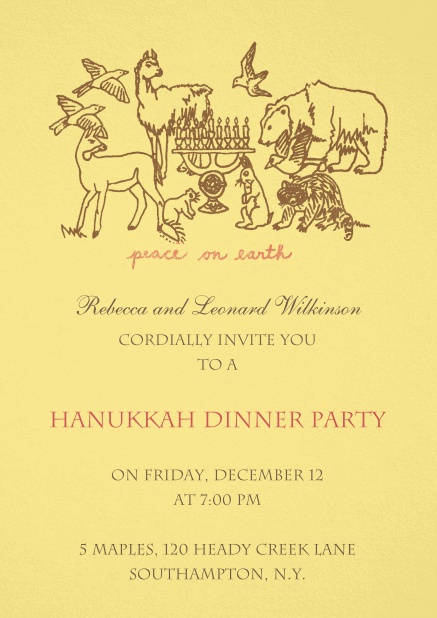 Hanukkah Einladungskarte mit verschiedenen Tieren von Designer La Familia Green.