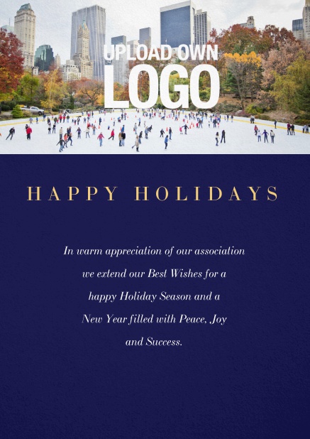 Corporate Christmas card with photo field and own logo option. Navy.
