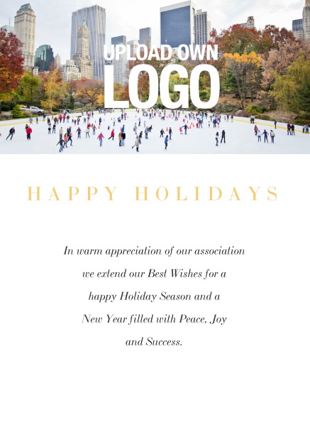 Firmenweihnachtskarte online mit Foto- und optionalen Logofeld und Text. Weiss.
