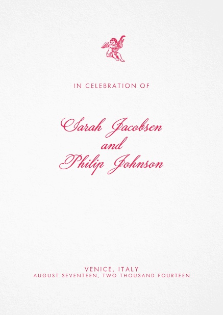 Wedding menu card design with red images and text. Pink.
