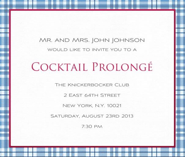 Online invitation card with blue checkered frame.