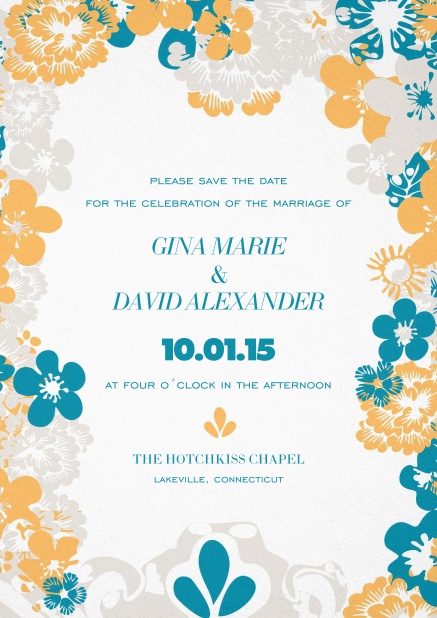 Hochzeitseinladungskarte mit orange, blau und grauem Blumenrahmen.