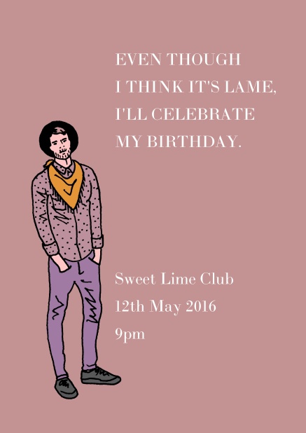 Online Birthday party invitation card with cool guy in ha