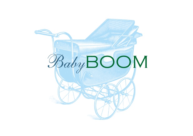 Online Weiße Karte mit blauem Kinderwagen und dem Worten "Baby Boom". Blau.
