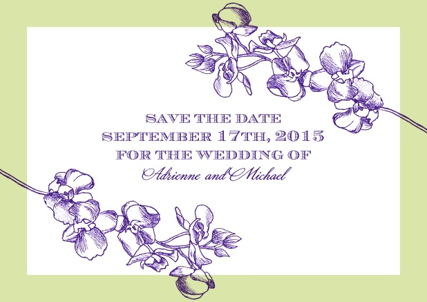 Online Save the Date Karte mit lilafarbenen Blumen, breitem Rahmen und Textfeld.