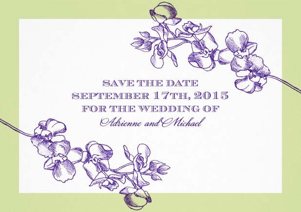 Save the Date Karte mit lilafarbenen Blumen, breitem Rahmen und Textfeld.