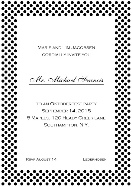 Classic online invitation card with small poka dotted frame and editable text. Black.