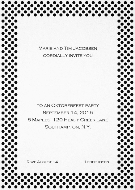 Classic invitation card with small poka dotted frame and editable text. Black.