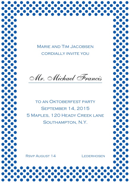 Classic online invitation card with small poka dotted frame and editable text. Blue.