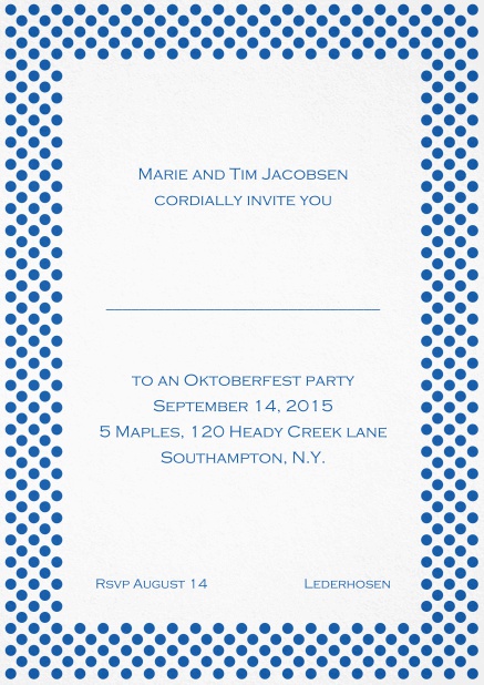Classic invitation card with small poka dotted frame and editable text. Blue.