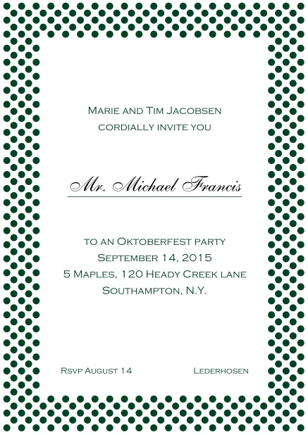 Classic online invitation card with small poka dotted frame and editable text. Green.