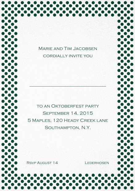 Classic invitation card with small poka dotted frame and editable text. Green.