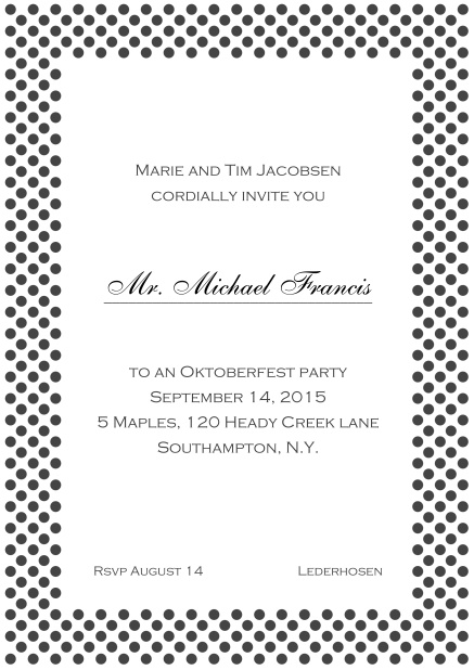Classic online invitation card with small poka dotted frame and editable text. Grey.