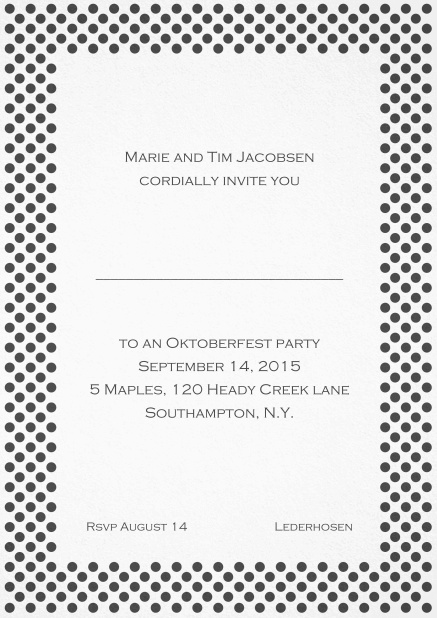 Classic invitation card with small poka dotted frame and editable text. Grey.