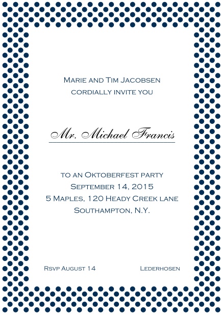 Classic online invitation card with small poka dotted frame and editable text. Navy.