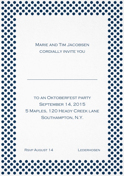 Classic invitation card with small poka dotted frame and editable text. Navy.
