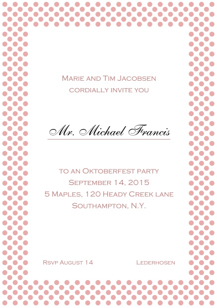 Classic online invitation card with small poka dotted frame and editable text. Pink.