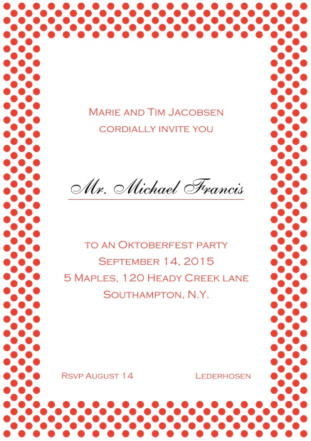 Classic online invitation card with small poka dotted frame and editable text. Red.