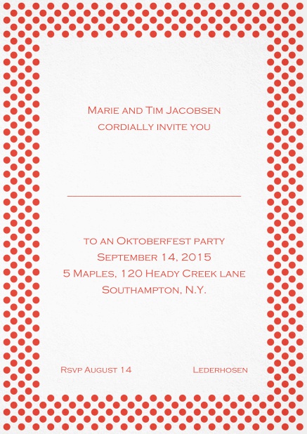 Classic invitation card with small poka dotted frame and editable text. Red.
