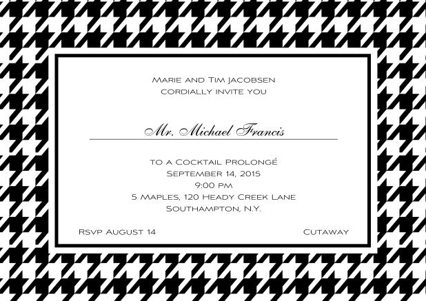 Classic landscape online invitation card with modern frame, editable text and line for personal addressing. Black.