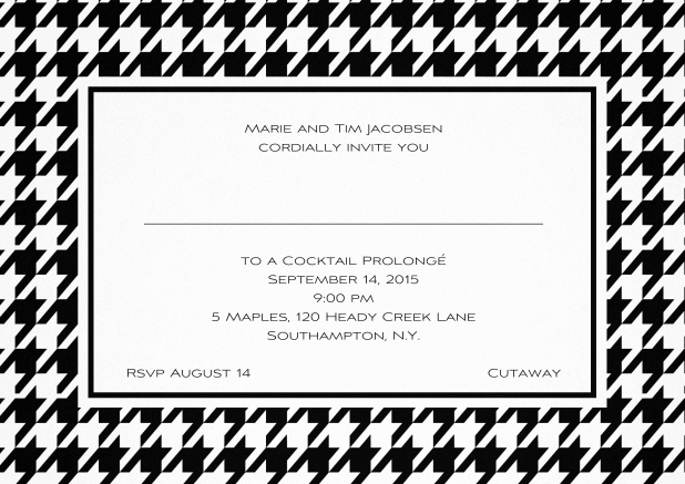 Classic landscape invitation card with modern frame, editable text and line for personal addressing. Black.