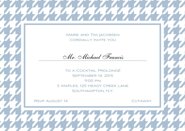 Classic landscape online invitation card with modern frame, editable text and line for personal addressing. Blue.