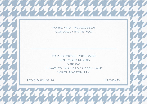 Classic landscape invitation card with modern frame, editable text and line for personal addressing. Blue.