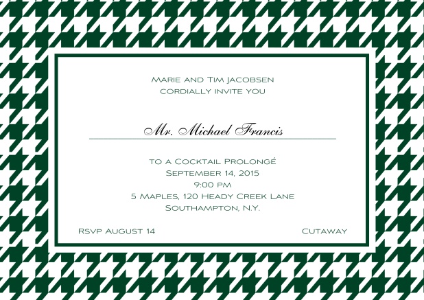Classic landscape online invitation card with modern frame, editable text and line for personal addressing. Green.